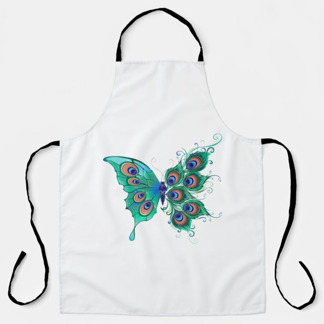 Butterfly with Green Peacock Feathers Apron (Front)