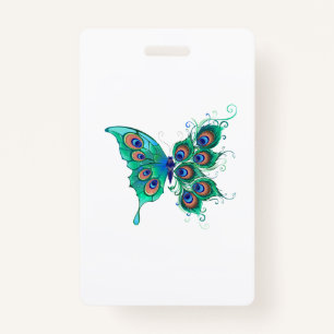 Butterfly with Green Peacock Feathers Badge