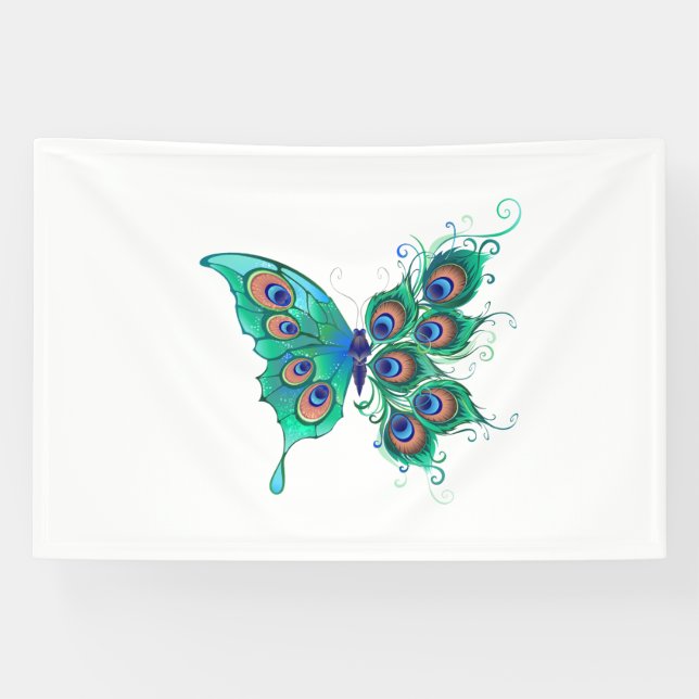Butterfly with Green Peacock Feathers Banner (Horizontal)