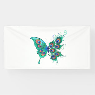 Butterfly with Green Peacock Feathers Banner