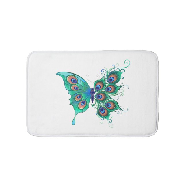 Butterfly with Green Peacock Feathers Bath Mat (Front)