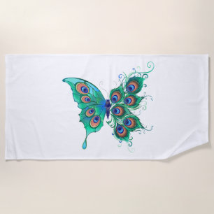 Butterfly with Green Peacock Feathers Beach Towel