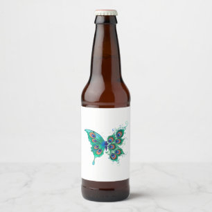 Butterfly with Green Peacock Feathers Beer Bottle Label