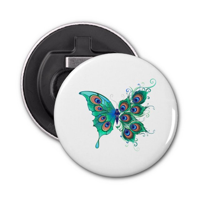 Butterfly with Green Peacock Feathers Bottle Opener (Front)