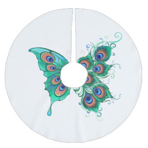 Butterfly with Green Peacock Feathers Brushed Polyester Tree Skirt