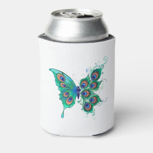 Butterfly with Green Peacock Feathers Can Cooler