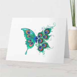 Butterfly with Green Peacock Feathers Card
