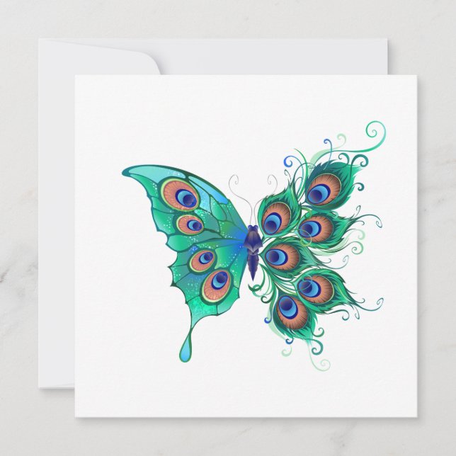 Butterfly with Green Peacock Feathers Card (Front)