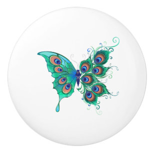 Butterfly with Green Peacock Feathers Ceramic Knob