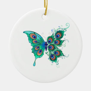 Butterfly with Green Peacock Feathers Ceramic Ornament