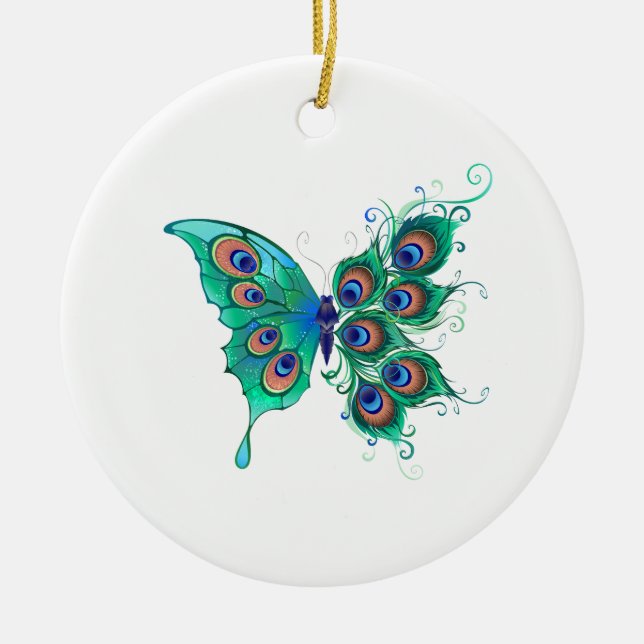 Butterfly with Green Peacock Feathers Ceramic Ornament (Front)