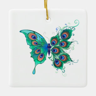 Butterfly with Green Peacock Feathers Ceramic Ornament