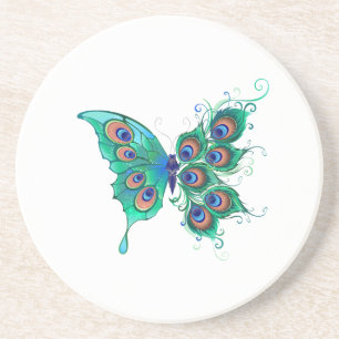 Butterfly with Green Peacock Feathers Coaster