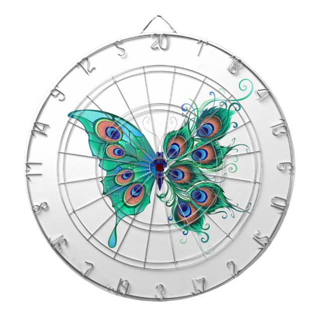 Butterfly with Green Peacock Feathers Dartboard (Front)