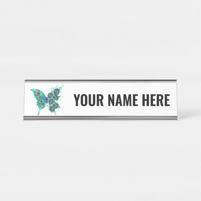 Butterfly with Green Peacock Feathers Desk Name Plate (Front)