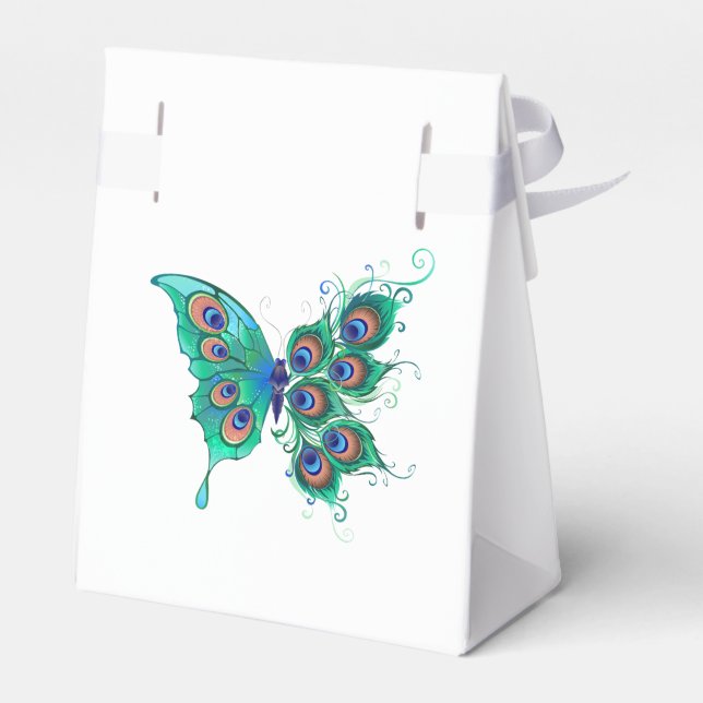 Butterfly with Green Peacock Feathers Favor Box (Back Side)