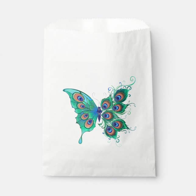 Butterfly with Green Peacock Feathers Favour Bag (Front)