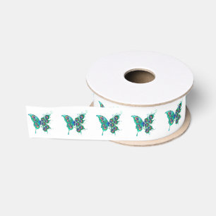 Butterfly with Green Peacock Feathers Grosgrain Ribbon