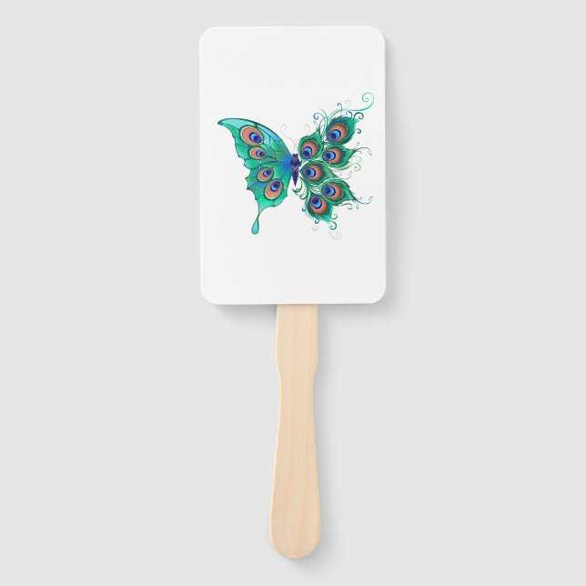 Butterfly with Green Peacock Feathers Hand Fan (Front)