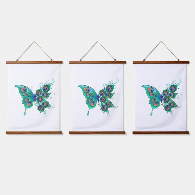 Butterfly with Green Peacock Feathers Hanging Tapestry (Triple)