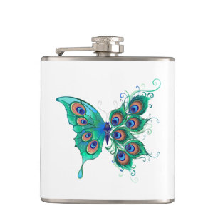 Butterfly with Green Peacock Feathers Hip Flask