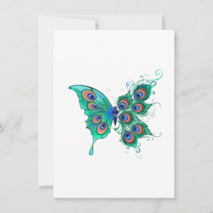 Butterfly with Green Peacock Feathers Invitation