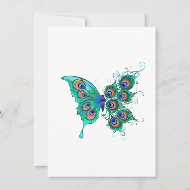 Butterfly with Green Peacock Feathers Invitation (Front)