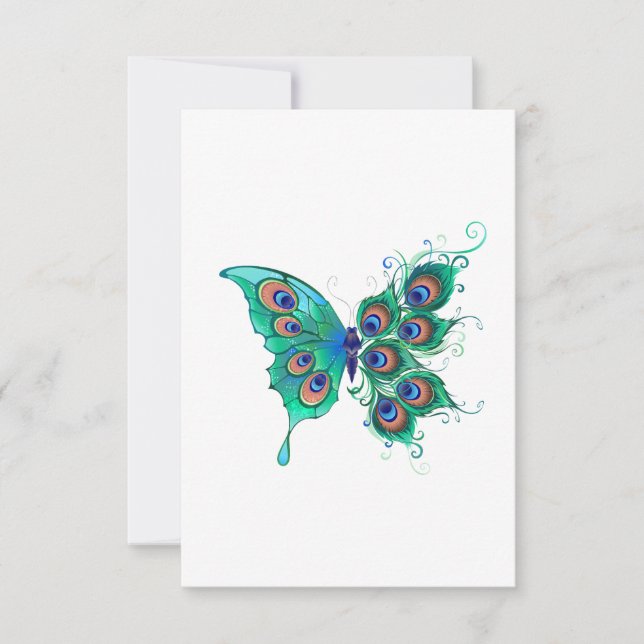 Butterfly with Green Peacock Feathers Invitation (Front)