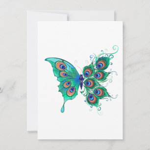 Butterfly with Green Peacock Feathers Invitation