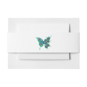 Butterfly with Green Peacock Feathers Invitation Belly Band