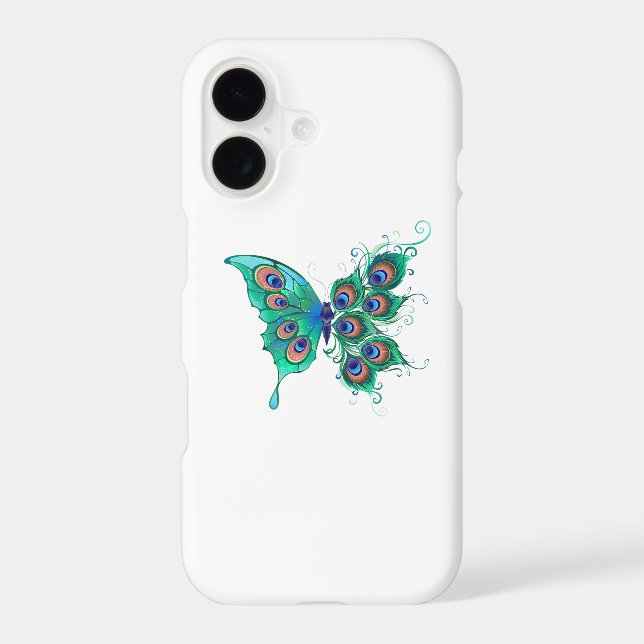 Butterfly with Green Peacock Feathers iPhone Case (Back)