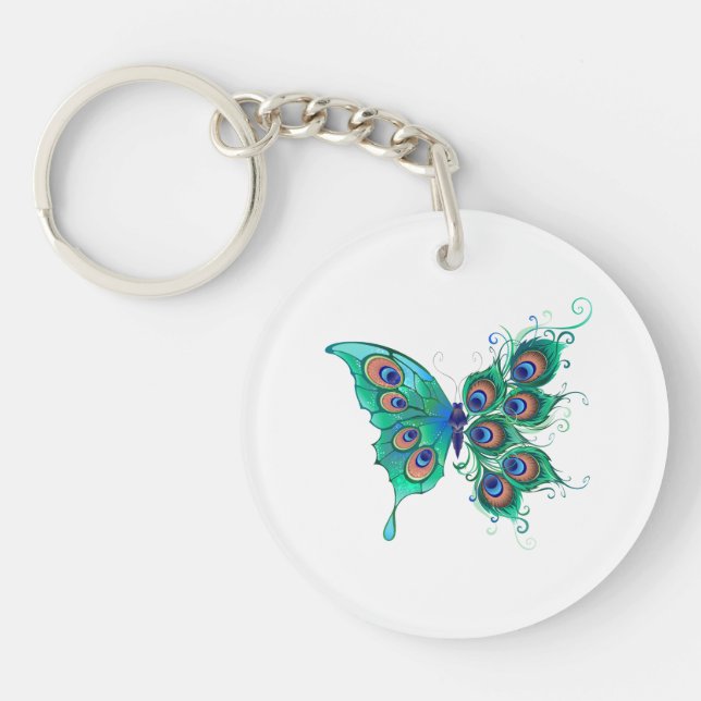 Butterfly with Green Peacock Feathers Keychain (Front)