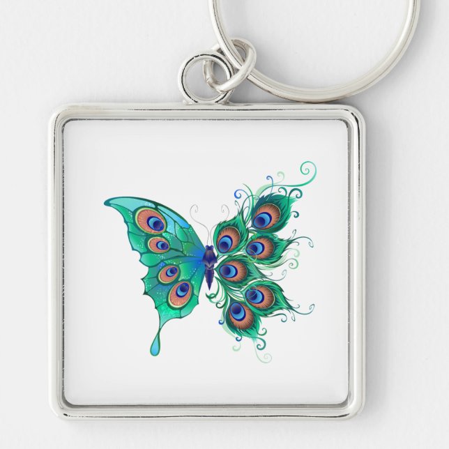 Butterfly with Green Peacock Feathers Keychain (Front)