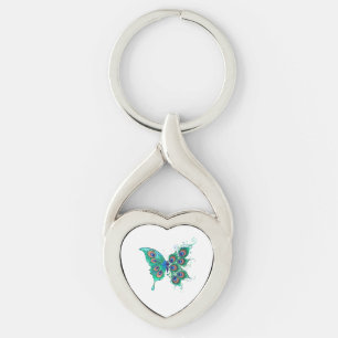 Butterfly with Green Peacock Feathers Keychain
