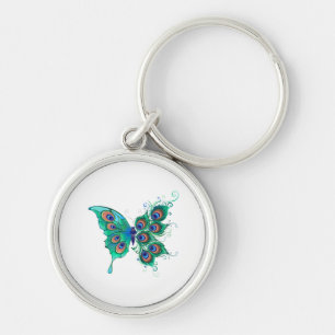 Butterfly with Green Peacock Feathers Keychain