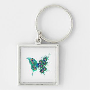 Butterfly with Green Peacock Feathers Keychain