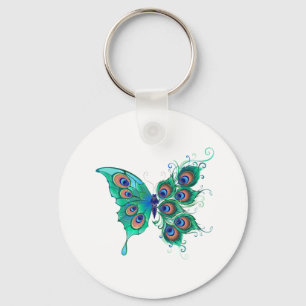 Butterfly with Green Peacock Feathers Keychain