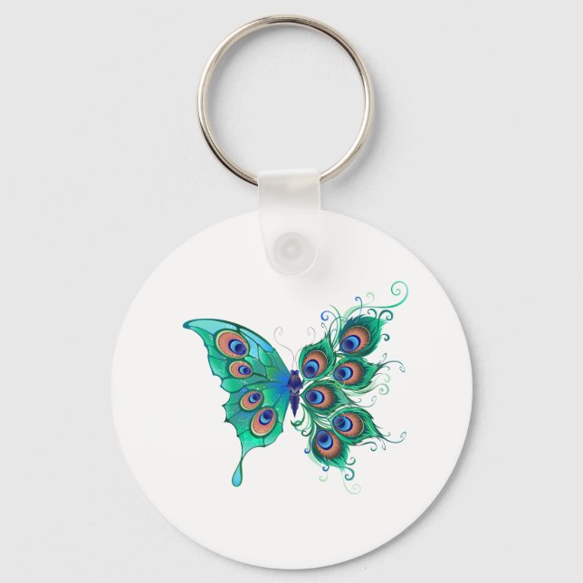 Butterfly with Green Peacock Feathers Keychain (Front)