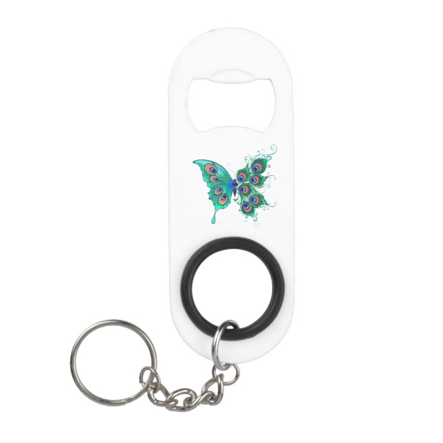 Butterfly with Green Peacock Feathers Keychain Bottle Opener (Front)