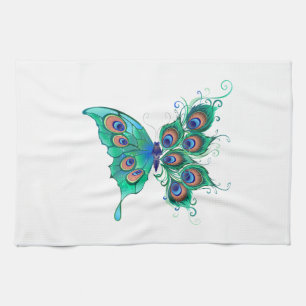 Butterfly with Green Peacock Feathers Kitchen Towel