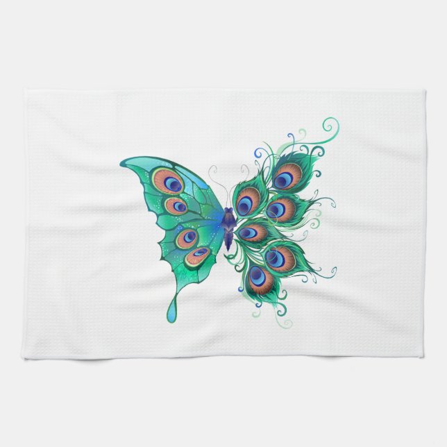 Butterfly with Green Peacock Feathers Kitchen Towel (Horizontal)
