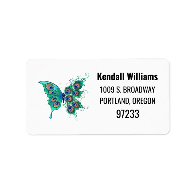 Butterfly with Green Peacock Feathers Label (Front)