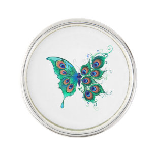 Butterfly with Green Peacock Feathers Lapel Pin