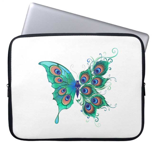 Butterfly with Green Peacock Feathers Laptop Sleeve (Front)