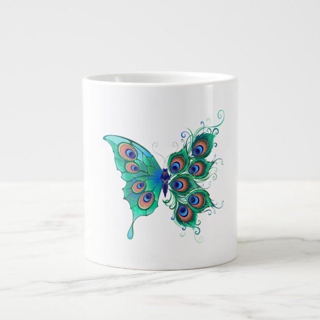 Butterfly with Green Peacock Feathers Large Coffee Mug (Front)