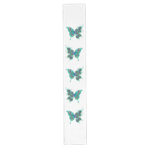 Butterfly with Green Peacock Feathers Long Table Runner