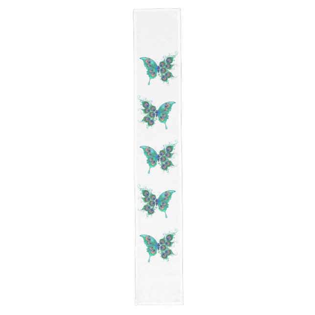 Butterfly with Green Peacock Feathers Long Table Runner (Front)