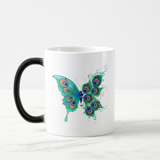 Butterfly with Green Peacock Feathers Magic Mug (Left)