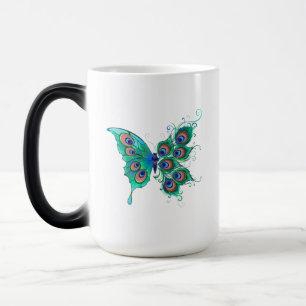 Butterfly with Green Peacock Feathers Magic Mug