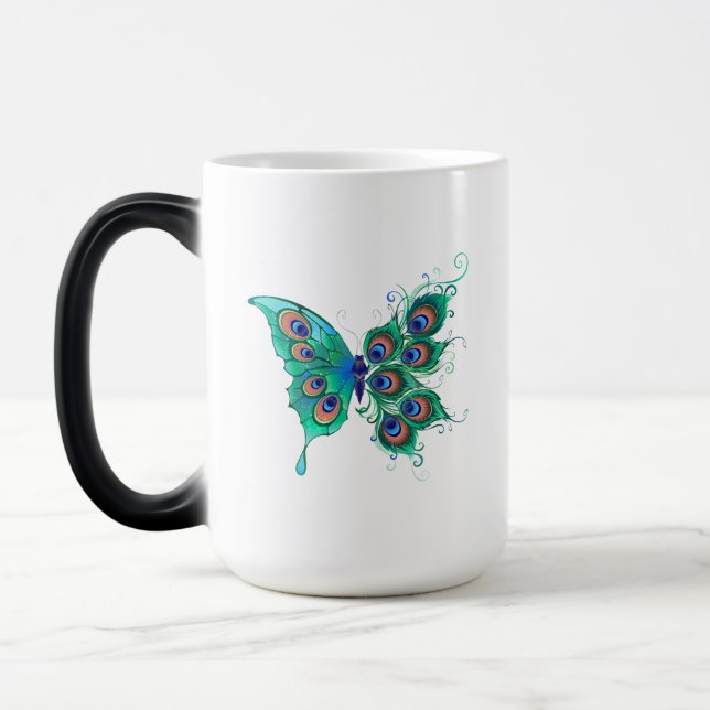 Butterfly with Green Peacock Feathers Magic Mug (Left)